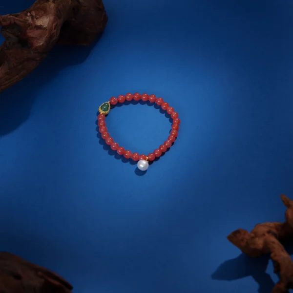 South Red Agate & Gold-Clad Silver Jade Gourd Bracelet with Natural Pearl