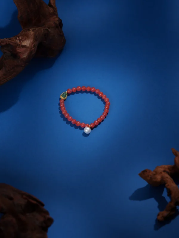 South Red Agate & Gold-Clad Silver Jade Gourd Bracelet with Natural Pearl